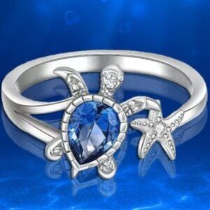 Turtle Ring Blue Gemstone Ocean Inspired Beach Party Alloy & Glass size 7